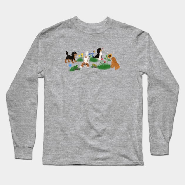 Four Cavalier King Charles Spaniels in a Field of Flowers Long Sleeve T-Shirt by Cavalier Gifts